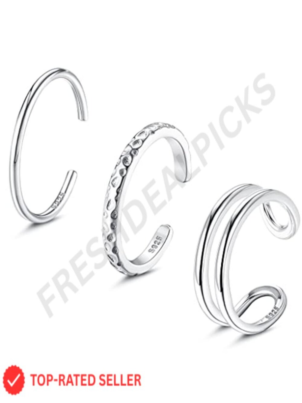 3 Pack 925 Sterling Silver Open Toe Rings Hypoallergenic Adjustable